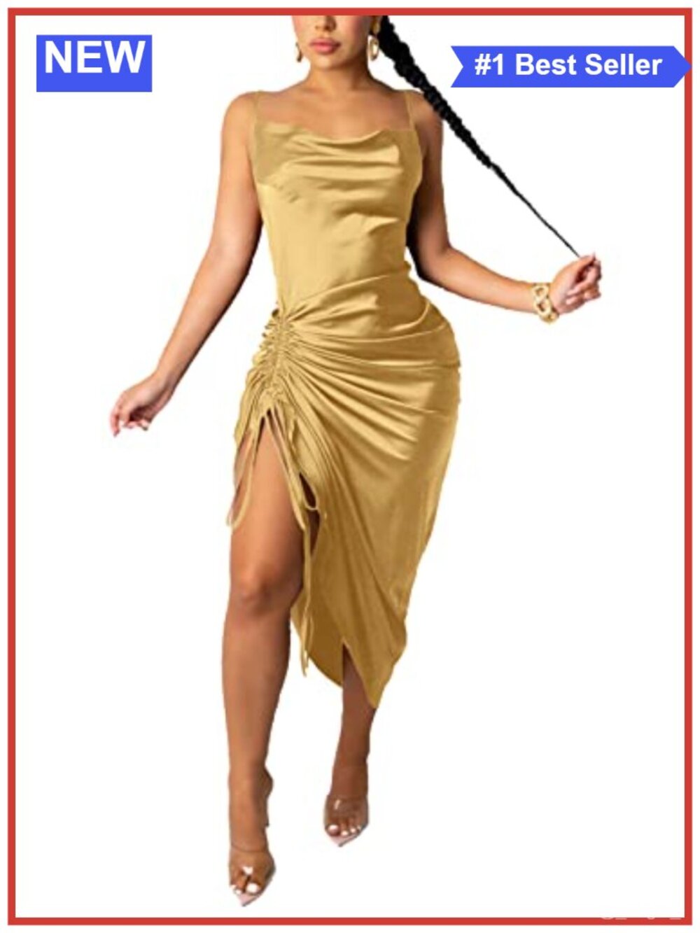 Satin Ruched Side Drawstring Spaghetti Strap Midi Mini Club Dress